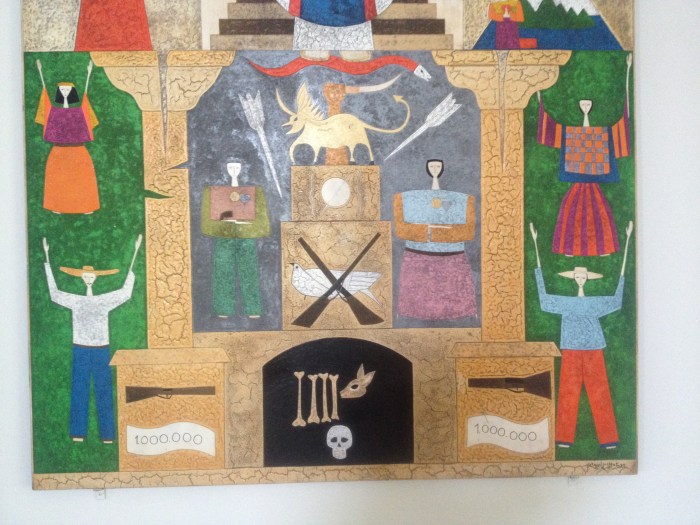 Painting in the University of Central America (UCA), San Salvador, where on November 16th 1989, six Jesuit priests, their housekeeper and her 15 year old daughter were murdered by Atlacatl commandos. The horse's head at the bottom of the painting (looks more like a deer) represents El Mozote. The international shock provoked by the UCA massacre effectively ended the war.  